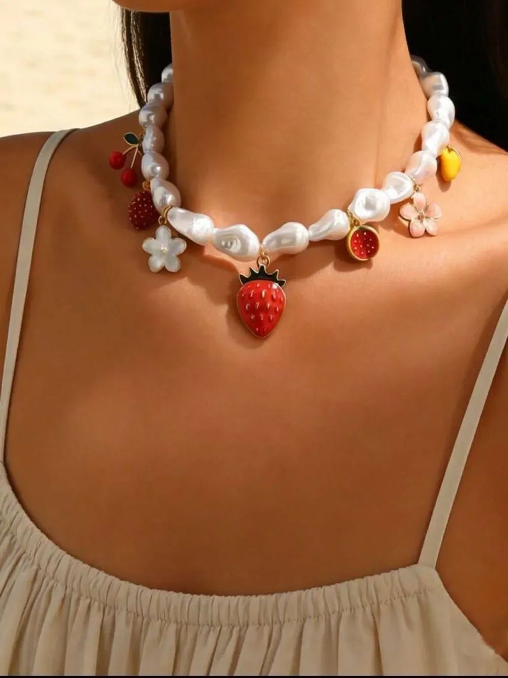 White Strawberry Charm Necklace R792